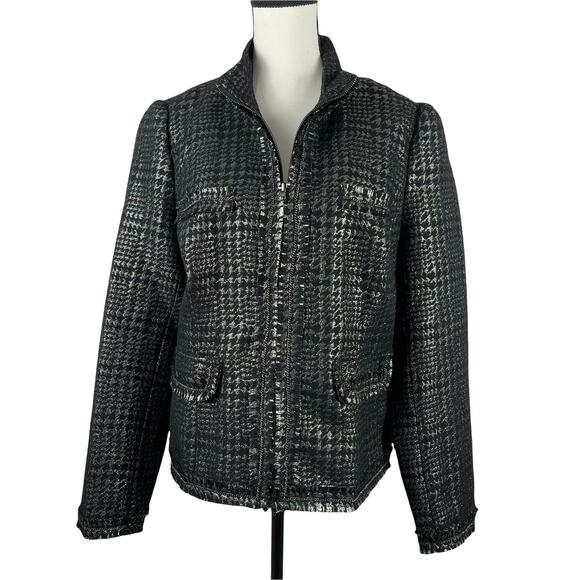 Apart Black & Sparkly Silver Tweed Fringe Zip Front Chain Detail Jacket - 12 NWT - Picture 1 of 16